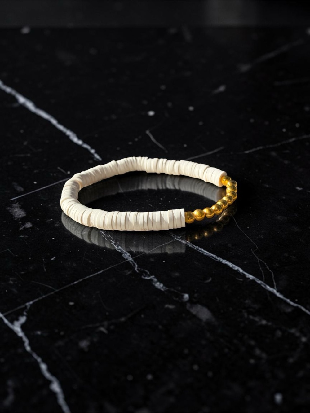 White Clay Heishi Bead Stretch Bracelet Boho Coastal Gold Accent Disc Stackable - Picture 4 of 8